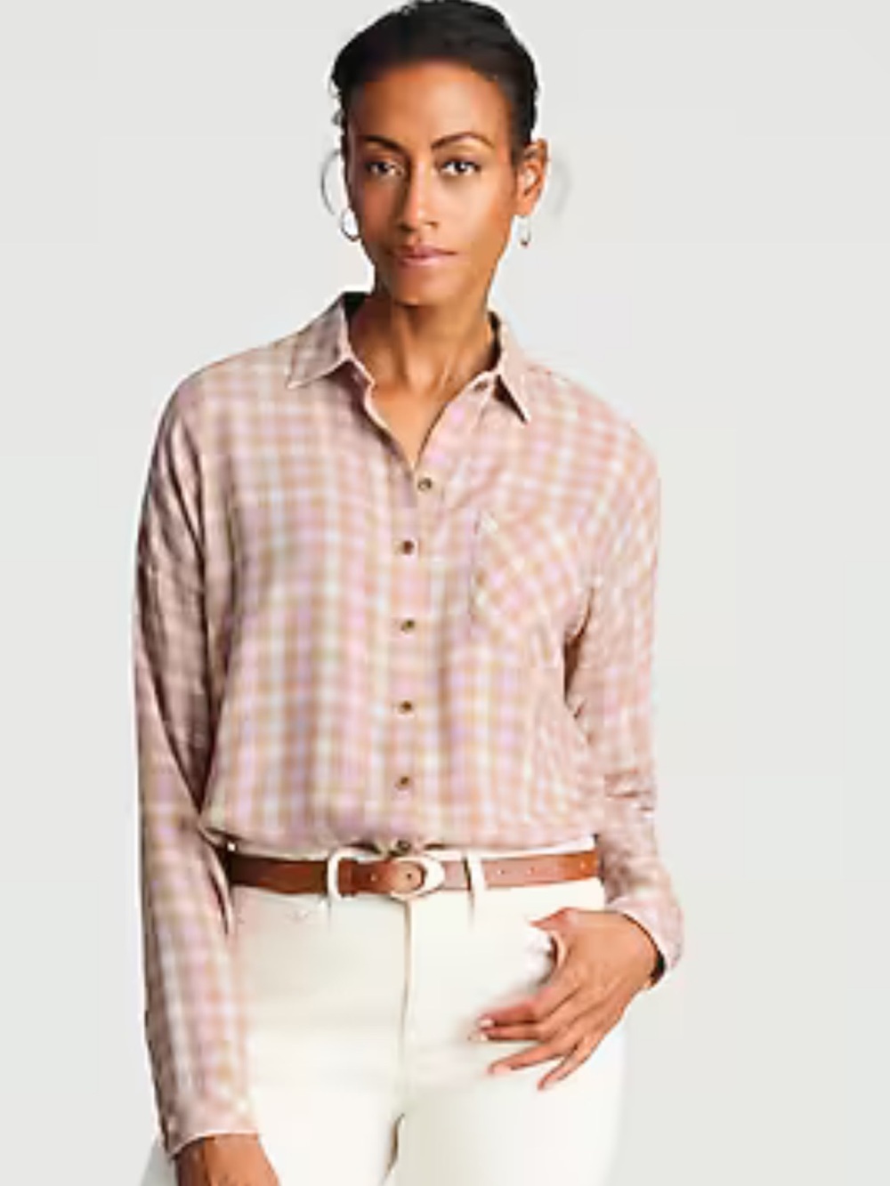 NWT J. Jill Pink and Cream Brushed Twill Plaid Button-Down Shirt SZ M